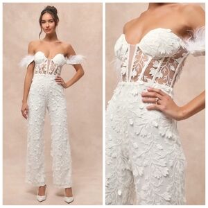 Lulus White Feather Bustier Embroidered Jumpsuit Bridal Party | Large | NWOT